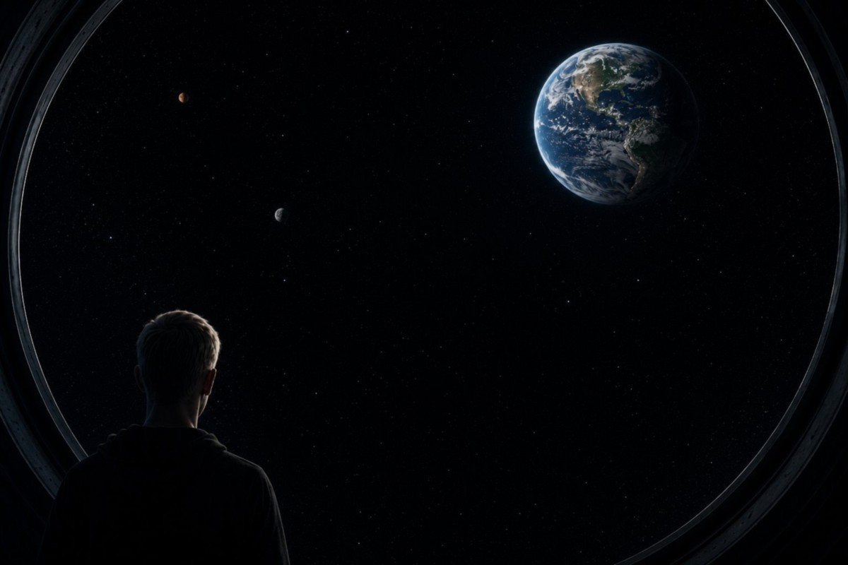 Nathan looking out a spacecraft porthole at Earth and the planets