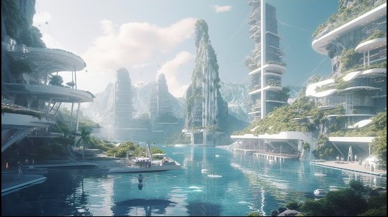 A green, light-filled future city built over water