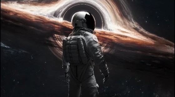 An astronaut facing a black hole