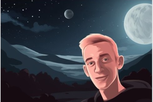 Illustrated portrait of Nathan under a night sky with moons